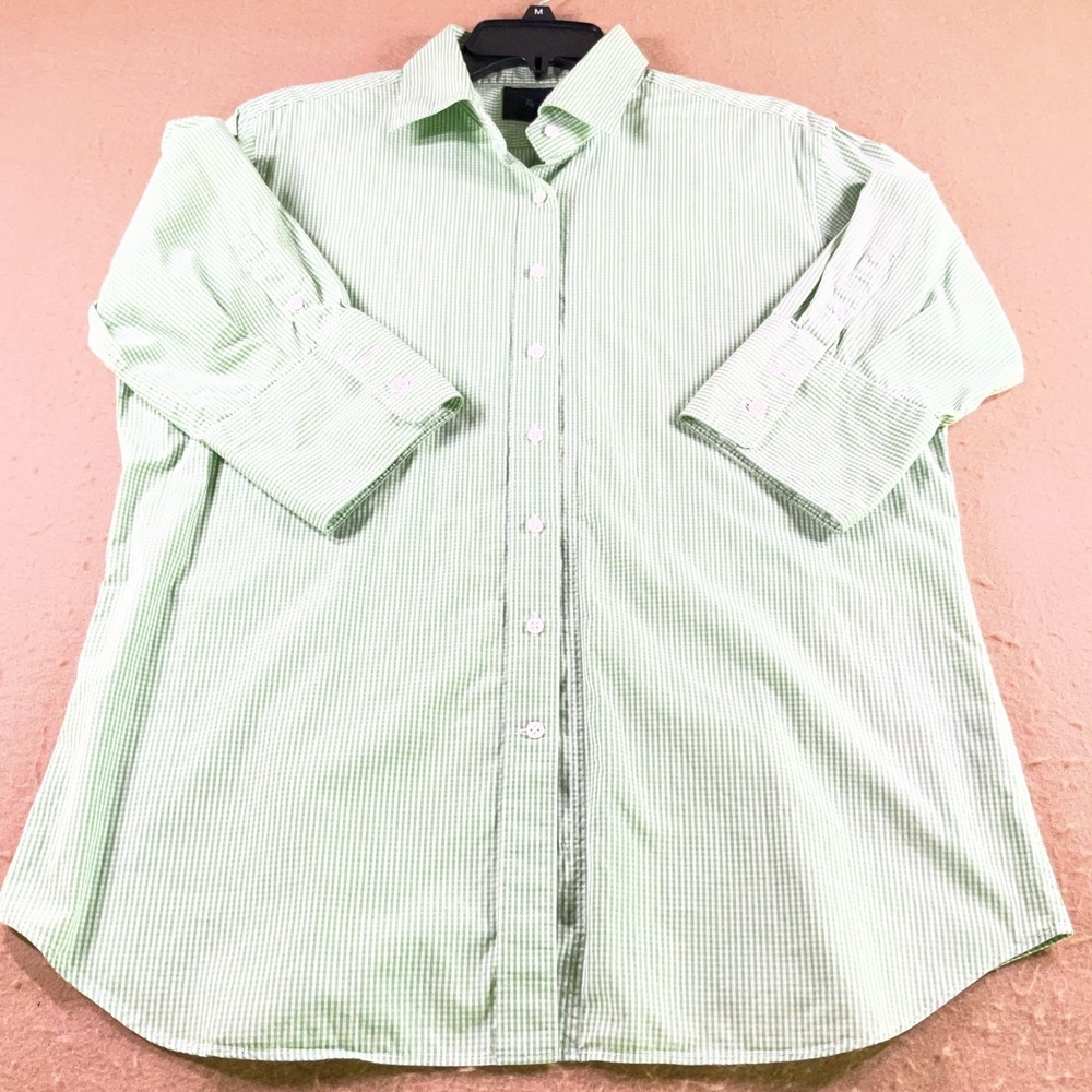 Faconnable Womens Green Gingham Button Down Shirt 3/4 Sleeve Stretch Size 12
